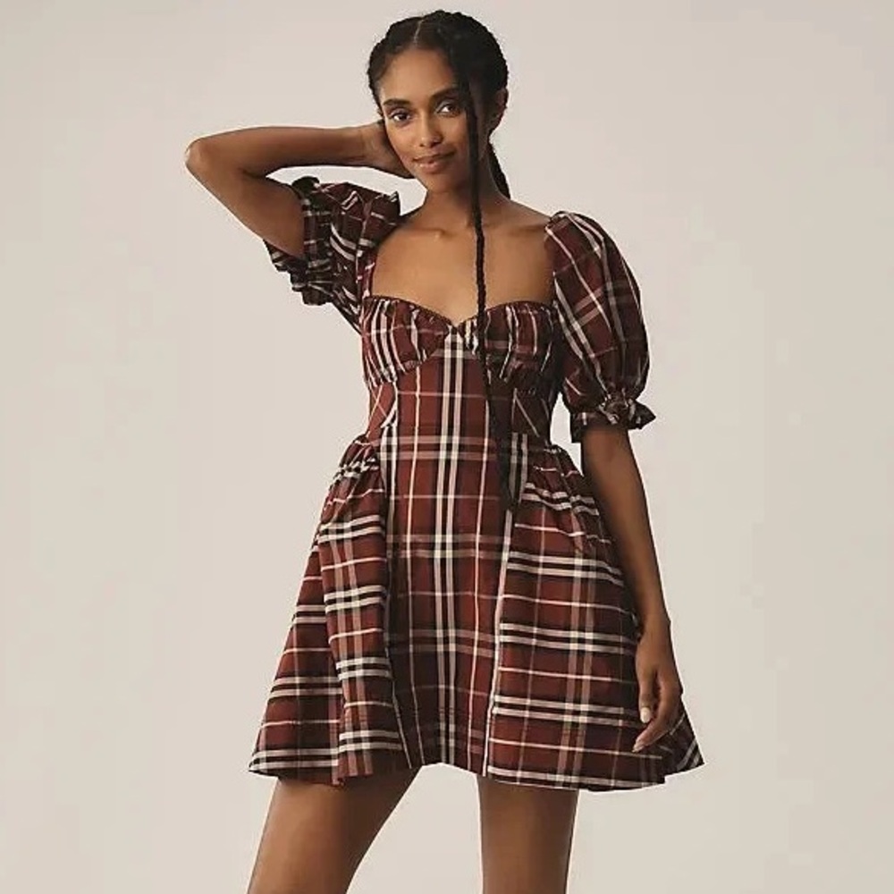 Anthropologie Maeve Maroon Tartan Plaid Puff Sleeve Mini Dress